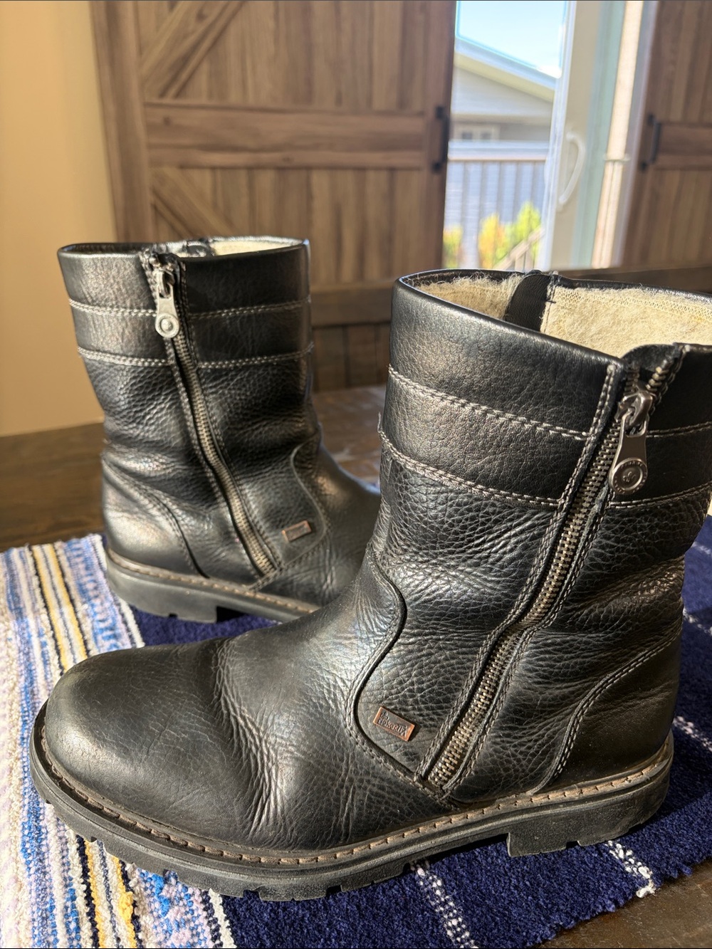 Rieker TEX Black Leather Shearling Lined Dual Zip Winter Boots Size 40